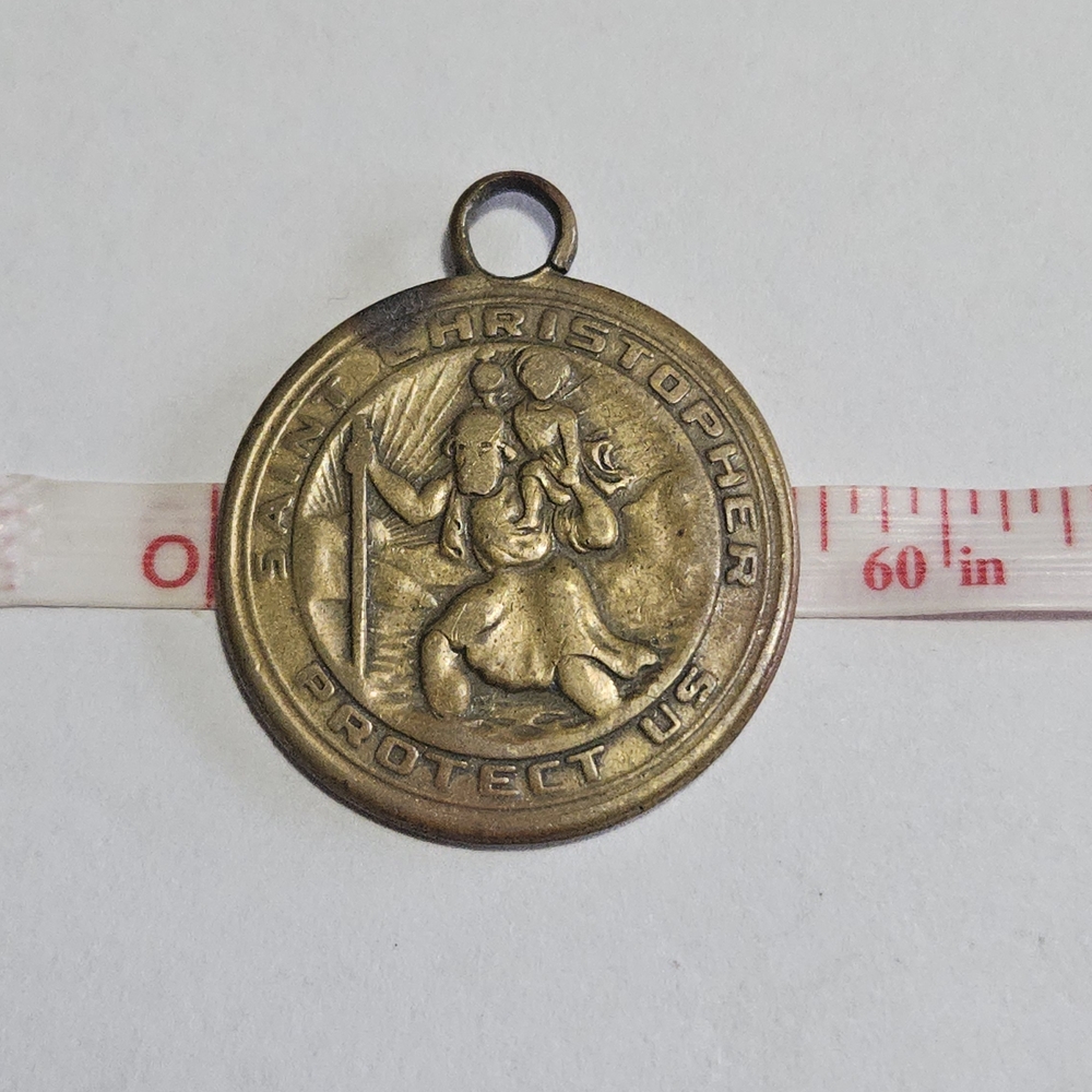 Saint Christopher Round Brass Medal Postage Guaranteed Pendant - Gold-Tone